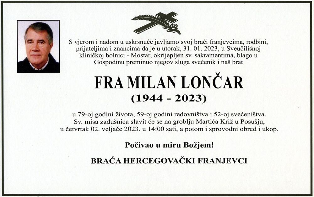 Preminuo fra Milan Lončar